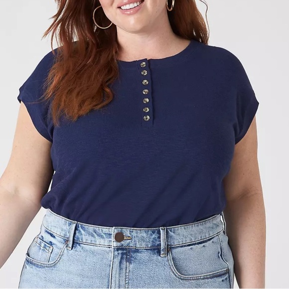 Cap-Sleeve Crew-Neck Henley Tee - Picture 1 of 7